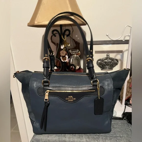 Coach 2021 Kleo Carryall Satchel Pebbled Leather and Suede Denim Blue - Picture 3 of 16